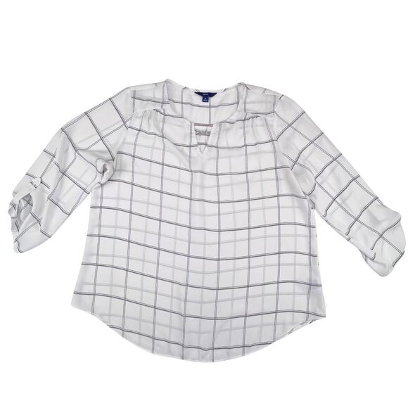 APT9 Top Women XL Contemporary Windowpane Check Blouse Split Neck Tie Cuff Shirt - Picture 1 of 13